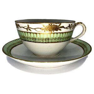 Antique Nippon Hand Painted Tea Cup & Saucer Set Gold Trim Japan